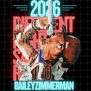 Puede incluir: Un gráfico promocional de Bailey Zimmerman con el texto 2026, DIFFERENT NIGHT SAME RODEO y BAILEY ZIMMERMAN. El diseño incluye un gran retrato central de un artista sosteniendo un micrófono, superpuesto con imágenes más pequeñas del artista en varias poses sobre un fondo de cuadrícula oscuro con acentos en azul neón y rojo.