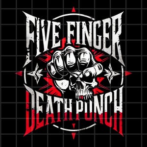 Op de afbeelding: Een grafisch ontwerp met een witte gebalde vuist en een schedel, met de tekst FIVE FINGER DEATH PUNCH in witte en rode letters. Het ontwerp staat op een zwarte achtergrond met een subtiel rasterpatroon en rode stervormige accenten.