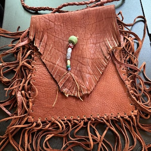 Buffalo Hide Shoulder Bag with Trade Bead Accents and Braided Leather Strap