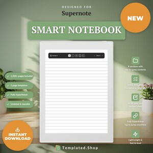Peut inclure: Un carnet numérique intelligent blanc conçu pour Supernote avec un modèle de page lignée et une barre de navigation supérieure. L'interface comprend plus de 1 200 pages, 5 modèles de pages et des sections hyperliées. Texte : "DESIGNED FOR Supernote", "SMART NOTEBOOK", "NEW", "Templated.Shop".