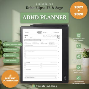 Könnte beinhalten: Ein schwarzes Kobo Elipsa 2E und Sage Digital-Tablet mit einer ADHS-Planer-Oberfläche für 2027. Der Bildschirm zeigt Bereiche für tägliche Check-ins, Zeitblöcke und Aufgaben. Ein Eingabestift liegt oben auf. Text: Designed for Kobo Elipsa 2E & Sage, ADHD PLANNER.