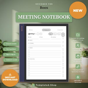 Boox Meeting Notebook Note Air Note Tab, Modello di appunti di riunione con collegamenti ipertestuali senza data, Verbali, Agenda e Tracker delle azioni, Appunti di lavoro PDF