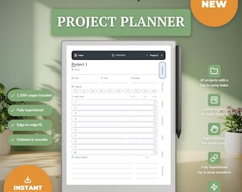 reMarkable Paper Pro Projectplanner, ongedateerd, hyperlinks naar 40 projecten met Kanban-bord en Gantt-tijdlijn van 30 weken, digitale werkplanner in PDF-formaat