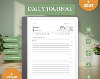 Dagboek 2026 2027 voor Kindle Scribe, digitaal dagboek met hyperlinks, dankbaarheids- en stemmingsmeter, wekelijkse reflecties, dagboeksjabloon in PDF-formaat