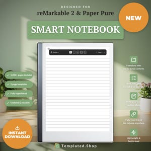 May include: A digital smart notebook designed for reMarkable 2 and Paper Pure devices. The screen displays a lined page with a top navigation bar featuring icons for sections and templates. Text includes 1,200+ pages, 5 page templates, and fully hyperlinked.