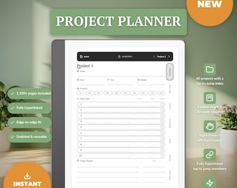 Projectplanner voor Kindle Scribe (ongedateerd), hyperlinks, 40 projecten met Kanban-bord, Gantt-tijdlijn van 30 weken, werkplanner (pdf).