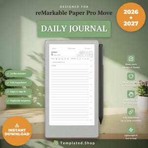 Puede incluir: Un diario digital para reMarkable Paper Pro Move, que cubre 2026 y 2027. El dispositivo muestra una página de planificador diario con líneas, secciones de fecha, estado de ánimo, clima y gratitud. Un lápiz óptico negro descansa junto a la tableta, que cuenta con navegación con hipervínculos, plantillas duplicables y un ajuste de borde a borde. La interfaz incluye iconos para opciones de inicio de semana y seguimiento del estado de ánimo.