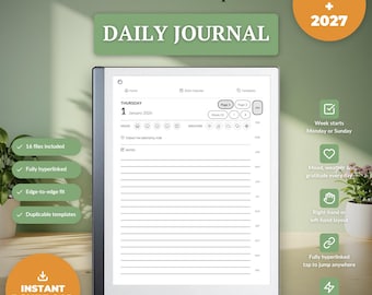 Daily Journal for reMarkable 2 en Paper Pure 2026 2027, digitaal dagboek met hyperlinks, Daily Gratitude Mood Tracker, reflectiesjablonen pdf