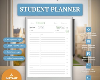 reMarkable Paper Pro Studentenplanner 2026-2027, Academische planner met hyperlinks, Cornell-notitieboekje, Opdrachten- en cijferregistratie, School-pdf