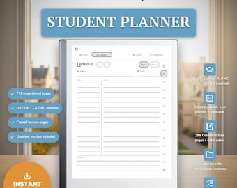 Studentenplanner 2026-2027 voor reMarkable 2 & Paper Pure, academische planner met hyperlinks, Cornell-notities, 12 vakken, cijferregistratie voor opdrachten