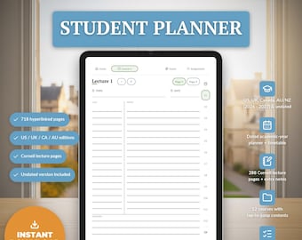 Studentenplanner 2026-2027 voor GoodNotes, academische planner met hyperlinks, Cornell-notities, 12 vakken, opdrachtenoverzicht voor iPad (pdf)