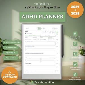 Può includere: Un'agenda digitale ADHD per il tablet reMarkable Paper Pro, con layout giornaliero per il 2027 e il 2028. Lo schermo mostra una pagina di venerdì 1 gennaio 2027 con sezioni per energia, umore, farmaci, focus principale e attività.