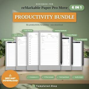 May include: A digital productivity bundle for reMarkable Paper Pro Move featuring six templates including a daily planner, daily journal, digital notepad, meeting notebook, project planner, and smart notebook, with 49 files and full hyperlinking.