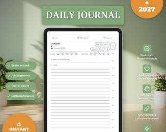 iPad Digitaal Dagboek 2026 2027 voor GoodNotes, Dagboek met Hyperlinks, Dankbaarheids- & Stemmingstracker, Notability Noteshelf PDF