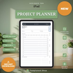 May include: A digital project planner for iPad featuring a clean interface with an index, overview, progress tracker, and task list. The screen displays Project 1 with fields for start, due, and budget, plus ten numbered task rows and checkboxes.