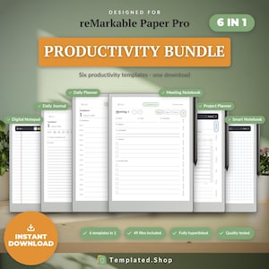 reMarkable Paper Pro Productivity Bundle 2026 2027, 6 in 1 Colour Hyperlinked Daily Planner Journal Meeting & Smart Notebook Project PDF