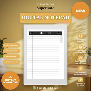 May include: A white digital notepad designed for Supernote featuring a lined page layout with a black navigation bar at the top. The screen displays an index with numbered tabs and a vertical sidebar. Text includes "DIGITAL NOTEPAD" and "INSTANT DOWNLOAD."