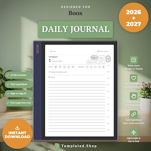May include: A digital daily journal for Boox devices covering 2026 and 2027. The interface features a Thursday 1 January 2026 date, mood and weather trackers, a gratitude section, and lined notes. It includes 16 files, hyperlinks, and edge-to-edge fit.