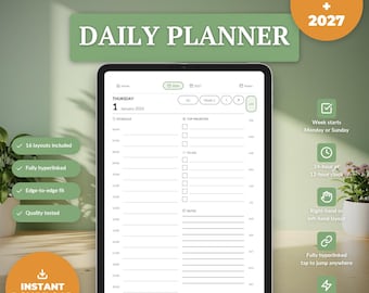 iPad-dagplanner 2026-2027 voor GoodNotes, digitale planner met hyperlinks voor Notability & Noteshelf, minimalistische jaarplanner in PDF-formaat