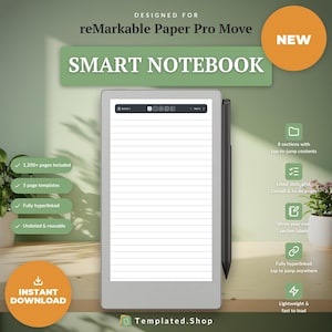 May include: A grey smart notebook designed for reMarkable Paper Pro Move with a black stylus attached to the side. The screen displays a lined page with a top navigation bar. Text includes "DESIGNED FOR reMarkable Paper Pro Move" and "SMART NOTEBOOK".