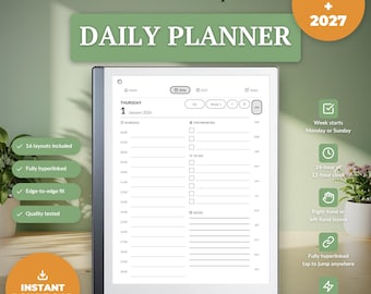 Dagplanner 2026 2027 voor reMarkable 2 & Paper Pure: Digitale PDF met hyperlinks (gedateerd) Jaar-, maand-, week- en dagplanning, notities met stippellijnen