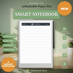 reMarkable Paper Pro Smart Notebook, senza data, con collegamenti ipertestuali, 8 sezioni codificate a colori, 240 note, modelli Cornell e per le cose da fare, quaderno digitale in PDF