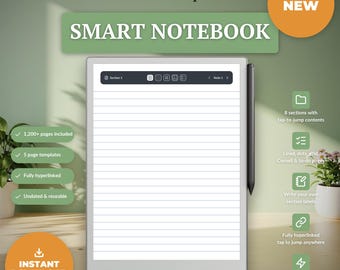 reMarkable Paper Pro Smart Notebook, ongedateerd, hyperlinks, 8 kleurgecodeerde secties, 240 notities, Cornell- en takenlijstsjablonen, digitaal notitieboek in PDF-formaat.