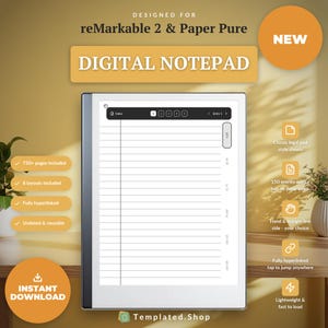 May include: A digital notepad designed for reMarkable 2 and Paper Pure, featuring a white screen with black lined paper, a top navigation bar with an index, and numbered tabs. The interface includes 750+ pages, 8 layouts, and is fully hyperlinked.