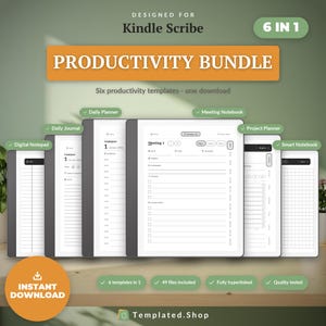 May include: A digital productivity bundle for Kindle Scribe featuring six templates including a daily planner, daily journal, digital notepad, meeting notebook, project planner, and smart notebook. The bundle includes 49 files, is fully hyperlinked, and is an instant download.