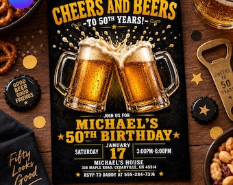 Cheers and Beers 50th Birthday Invitation, Beer Mug Cheers to 50 Years Invite, Adult Birthday Party Celebration, Canva Template D798