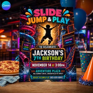 以下が含まれることがあります： SLIDE JUMP & PLAYと題された誕生日パーティーの招待状チラシ。屋内遊び場でジャンプする子供のシルエットが描かれています。テキストには、JACKSON'S 7TH BIRTHDAY、11月14日午後3時、ADVENTURE PLAZA、482 SUMMIT DRIVE, BROOKFIELD CO 80021、RSVPはEMILY (303-555-6842) までと記載されています。