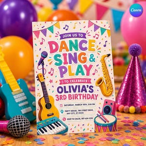 May include: A rectangular party invitation card featuring colorful musical instruments including a guitar, saxophone, keyboard, and drum. The text reads: JOIN US TO DANCE SING & PLAY TO CELEBRATE OLIVIA'S 3RD BIRTHDAY, SATURDAY, MARCH 18TH, 3:00 PM.