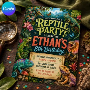 Peut inclure: Une carte d'invitation rectangulaire pour une fête d'anniversaire sur le thème des reptiles pour les 8 ans d'Ethan. Le design présente des illustrations colorées de lézards et d'un serpent dans un feuillage tropical avec les détails de l'événement.