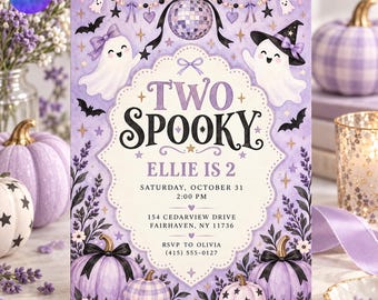 Two Spooky 2nd Birthday Invitation, Pastel Purple Halloween Disco Ghost Party Invite, Cute Toddler Girl Evite, Canva Template D807