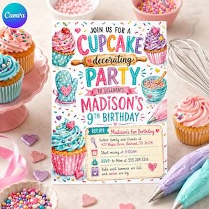 Cupcake Decorating Birthday Invitation, Baking Party Recipe Card Invite, Sweet Treats Cooking Birthday, Canva Template