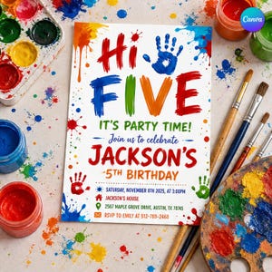 May include: A rectangular birthday invitation card with the text Hi FIVE IT'S PARTY TIME! Join us to celebrate JACKSON'S 5TH BIRTHDAY. Includes date, time, location, and RSVP details. The design features colourful handprints and paint splatters.