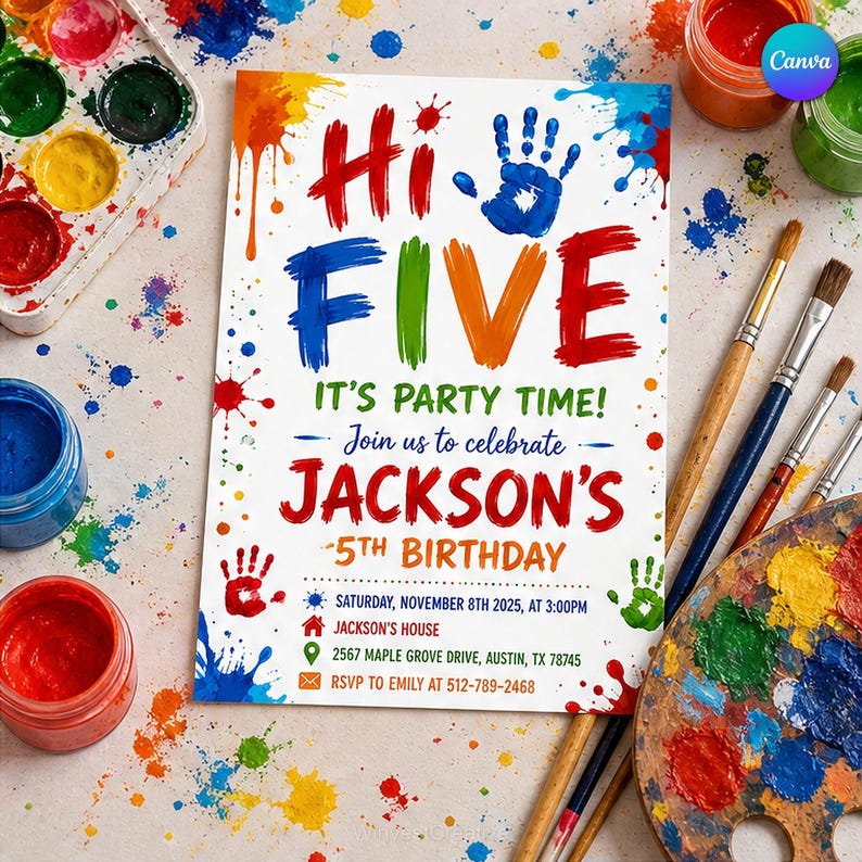 May include: A rectangular birthday invitation card with the text Hi FIVE IT'S PARTY TIME! Join us to celebrate JACKSON'S 5TH BIRTHDAY. Includes date, time, location, and RSVP details. The design features colourful handprints and paint splatters.