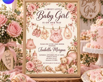 Vintage Baby Girl Shower Invitation, Floral Clothesline Teddy Bear Pink Roses Invite, Editable Canva Template D805