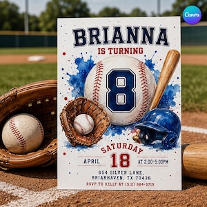 Op de afbeelding: Een verjaardagsuitnodigingskaart met een honkbalthema met de tekst BRIANNA IS TURNING 8, SATURDAY APRIL 18 AT 2:00-5:00PM, 654 SILVER LANE, BRIARHAVEN, TX 70436, RSVP TO KELLY AT (512) 664-3719, een honkbal, handschoen, knuppel en helm.