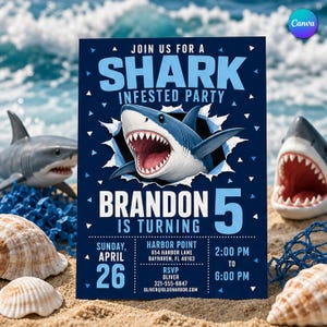 May include: A rectangular party invitation card with a dark blue background featuring a shark breaking through the center. The text reads: JOIN US FOR A SHARK INFESTED PARTY, BRANDON IS TURNING 5, SUNDAY, APRIL 26, HARBOR POINT, 2:00 PM TO 6:00 PM.