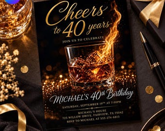 Cheers to 40 Years Birthday Invitation, Whiskey 40th Birthday Invite Men, Flaming Bourbon Cigar Party, Canva Template D789