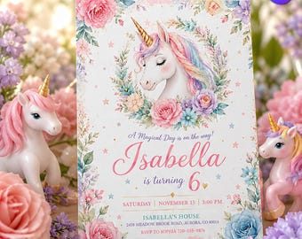 Unicorn Birthday Invitation, Floral Magical Party Invite, Pastel Rainbow Unicorn Girl Card, Canva Template D017