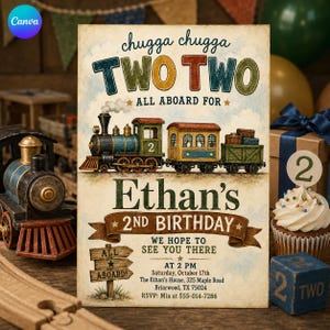 Op de afbeelding: Een rechthoekige verjaardagsuitnodigingskaart met een illustratie van een vintage stoomtrein, de tekst chugga chugga TWO TWO ALL ABOARD FOR, Ethan's 2ND BIRTHDAY, WE HOPE TO SEE YOU THERE en evenementdetails zoals datum, tijd en locatie.