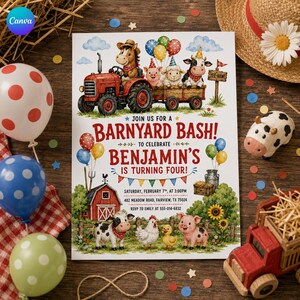 Pode incluir: Um convite retangular com um trator vermelho puxando um reboque com um cavalo, porco, ovelha e vaca usando chapéus de festa. Abaixo, um celeiro vermelho, uma vaca, uma galinha, um pato e um porco são ilustrados com o texto BARNYARD BASH!