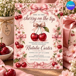 May include: A rectangular baby shower invitation card featuring a pink background with cherry and cherry blossom illustrations, a central polka-dot bow, and text reading: SHE IS THE cherry on the top, PLEASE JOIN US FOR A BABY SHOWER HONORING Natalie Carter, SUNDAY, OCT 18TH AT 2:00PM, NATALIE'S HOUSE 418 CHERRY LANE, ROSEWOOD, TX 75068, RSVP TO NATALIE AT 555-284-7316.