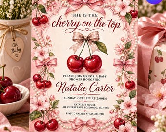 Cherry Baby Shower Invitation, She is the Cherry on Top Invite, Coquette Pink Bow Floral Girl Evite, Editable Canva Template D803