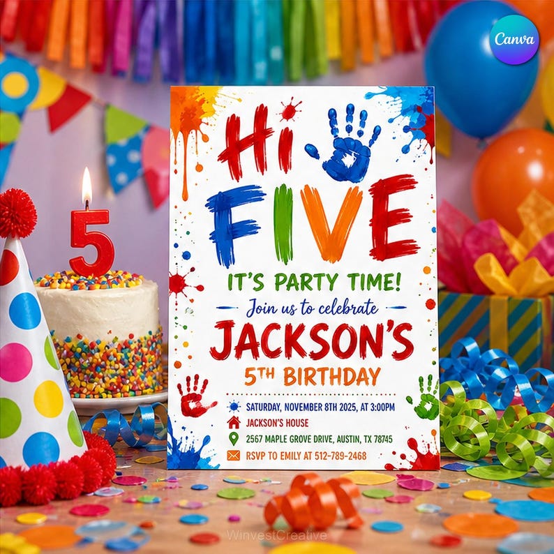 May include: A rectangular birthday invitation card with a white background, featuring colourful paint splatters, a blue handprint, and the text Hi FIVE IT'S PARTY TIME! Join us to celebrate JACKSON'S 5TH BIRTHDAY SATURDAY, NOVEMBER 8TH 2025, AT 3:00PM.