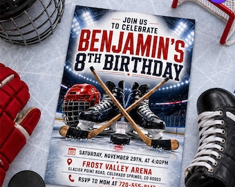 Ice Hockey Birthday Invitation, Hockey Rink Sports Party Invite, Skating Birthday Celebration Boys, Canva Template D064