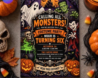 Calling All Monsters Birthday Invitation, Halloween Costume Party Invite, Kids Spooky Frankenstein Dracula Evite, Canva Template D812