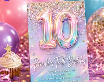 Brooke Iridescent 10th Birthday Invitation, Girl Pastel Rainbow Foil Balloon Sparkle Party Invite, Canva Template D181